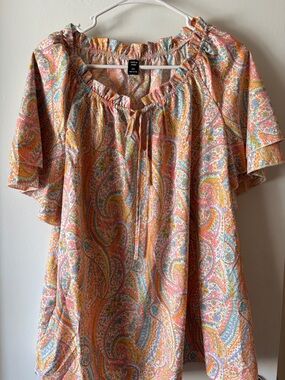 SHEIN Pink Orange Paisley Peasant Blouse